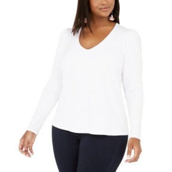 3/$35 Inc Plus Size Ribbed-Knit Puff-Sleeve Top Size 2X White Stretch Fitted - Picture 1 of 12